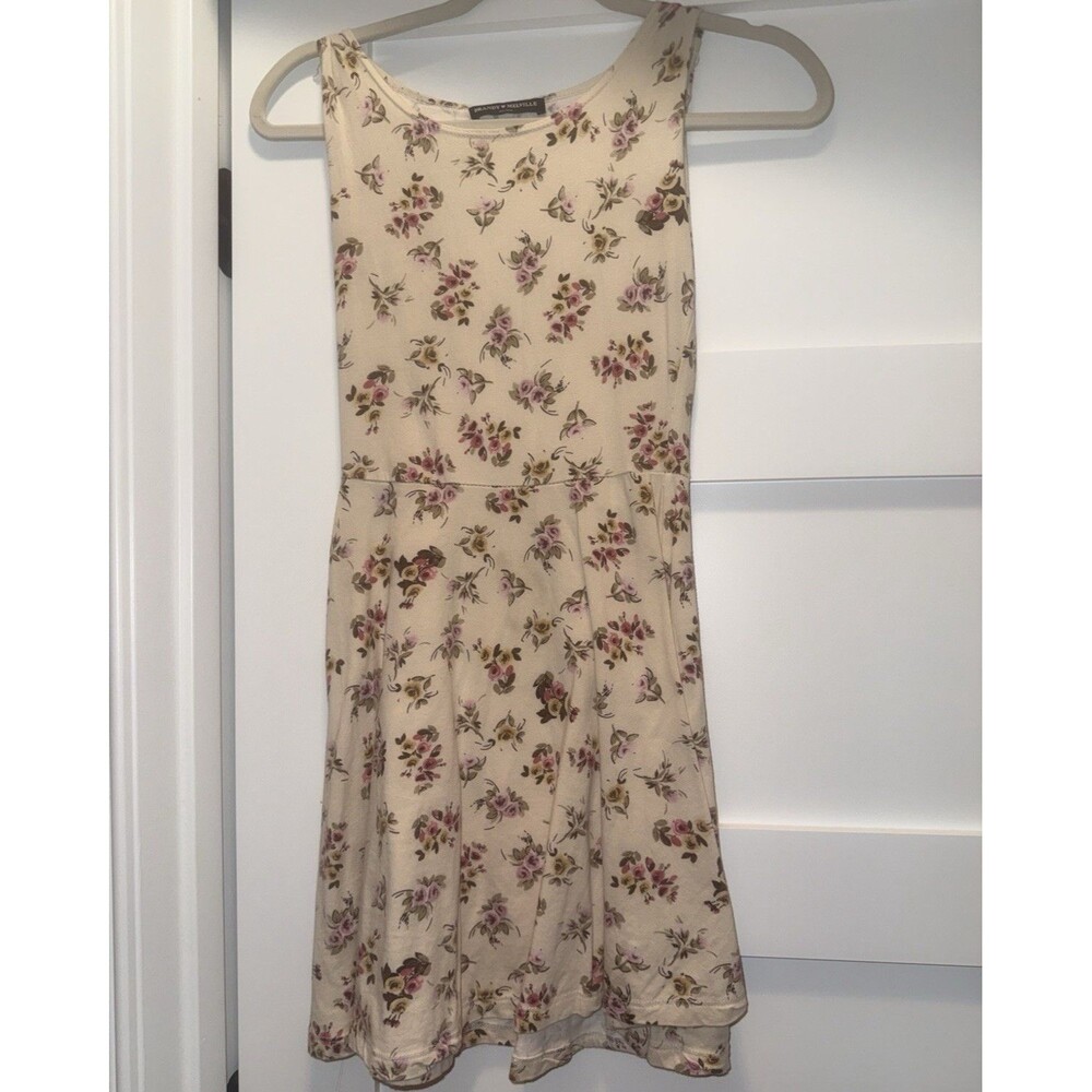 Brandy Melville One Size Beige Floral A-Line Short Dress Round Neck Open Back